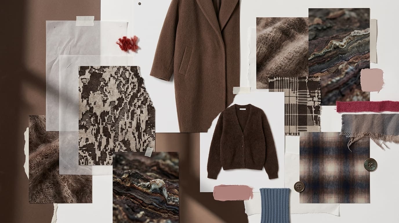 A knit design mood board in brown, red, and dusty pink