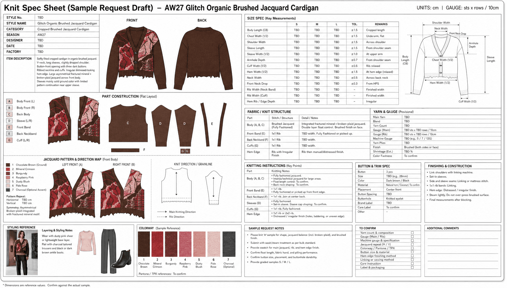 A knit specification sheet for a jacquard cardigan