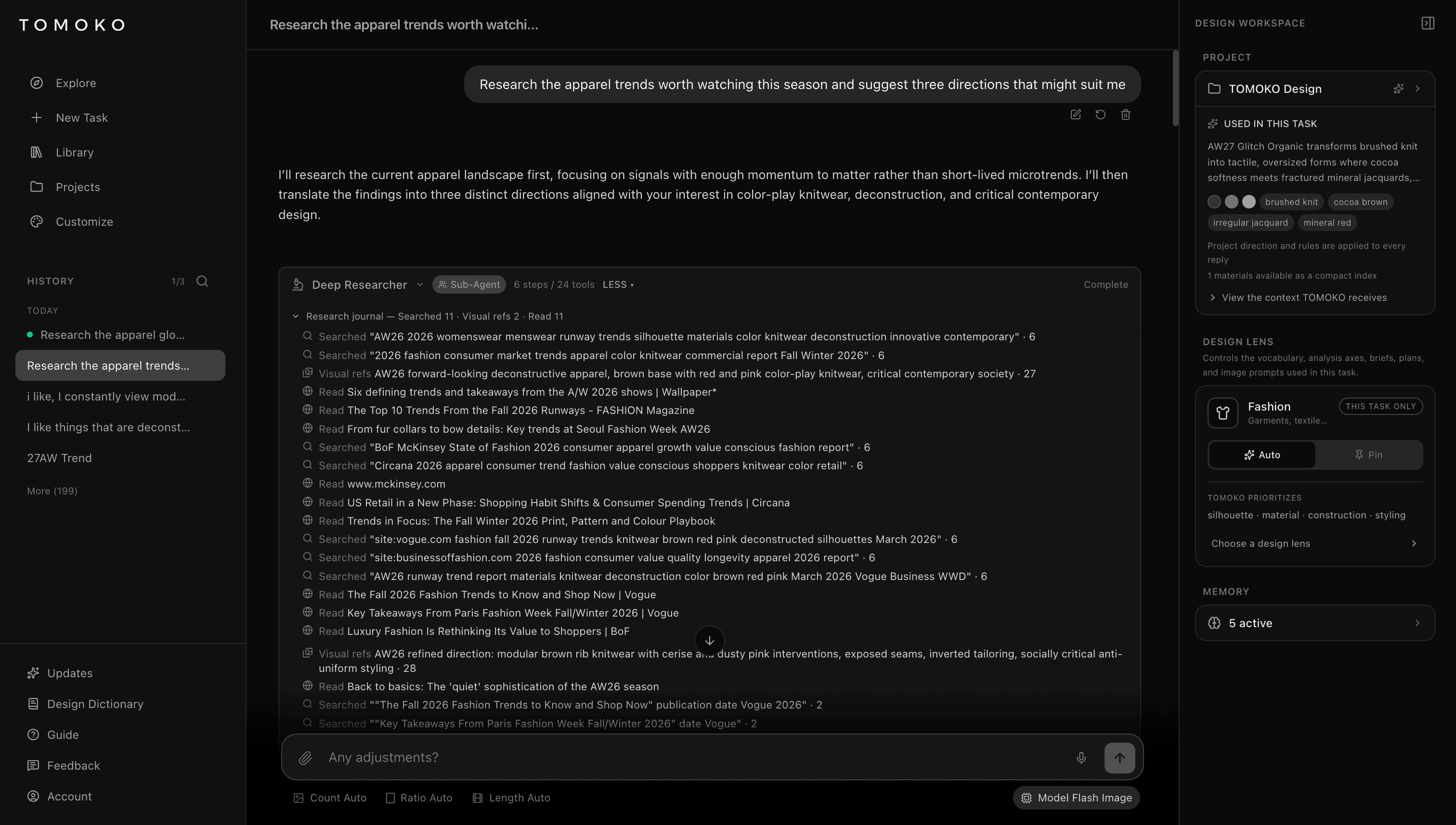 TOMOKOのディープリサーチが複数の情報源を調査する会話画面